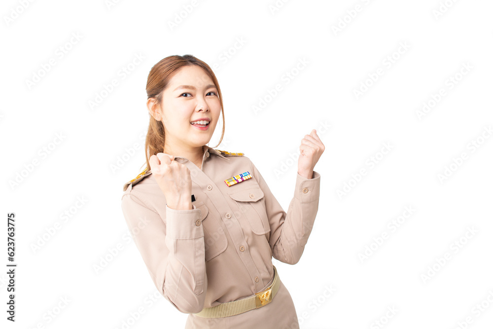 Female Thai government officer in khaki uniforms smiling. Beautiful woman doing winner gesture with arms raised isolated over white background. Concept of success in work, welfare, credit approval. Female Thai government officer in khaki uniforms smiling. Beautiful woman doing winner gesture with arms raised isolated over white background. Concept of success in work, welfare, credit approval.
