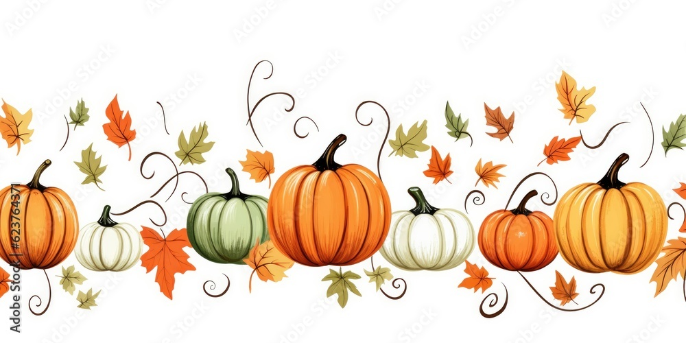 Vector Horizontal Seamless Background with Pumpkins and Autumn Leaves - Embracing the Playfulness of the Season - Charming and Versatile Design   Generative AI Digital Illustration