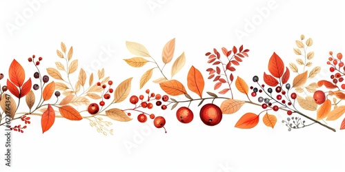  Cute Horizontal Banner with Autumn Leaves and Berries - Embracing the Playful Spirit of the Season   Generative AI Digital Illustration