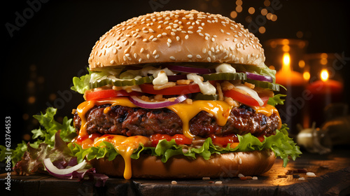 Close-up home made beef burger on wooden table for food advertising and background