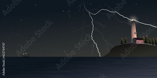 Lighthouse on rock cliff hit by lightning at sea shore have fishing boat at skyline. Island pharos, light house, seascape, signal building on seaside and stars on the sky at night. 