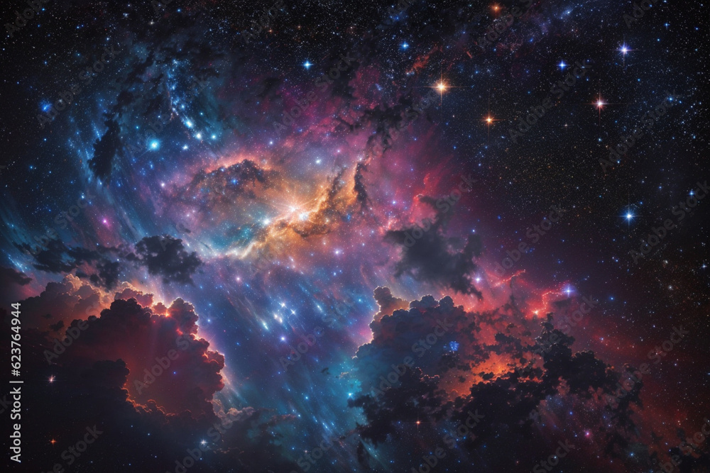 Fototapeta premium Colorful space galaxy cloud nebula. Stary night cosmos. Universe science astronomy. Supernova background wallpaper. Generative Al