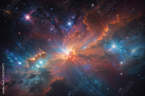 Colorful space galaxy cloud nebula. Stary night cosmos. Universe science astronomy. Supernova background wallpaper. Generative Al