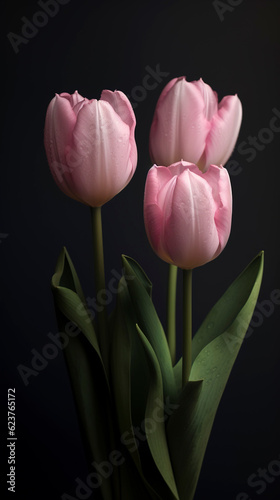 Beautiful pink tulips over dark background. 