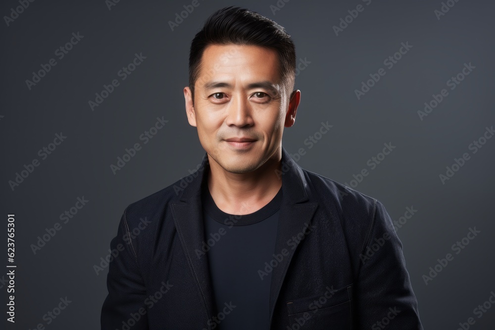 Portrait of a handsome asian man in black jacket on grey background