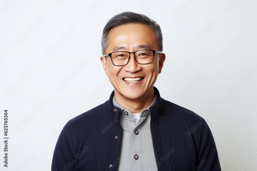 Portrait of a smiling asian man wearing glasses against white background