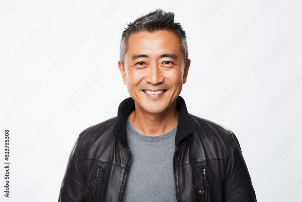 Portrait of smiling asian man in leather jacket on white background Portrait of smiling asian man in leather jacket on white background