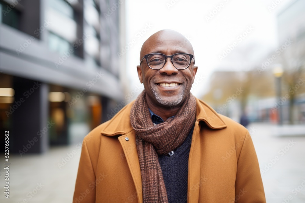 Obraz premium Medium shot portrait photography of a satisfied Nigerian black man in his 50s wearing a chic cardigan against a modern architectural background 