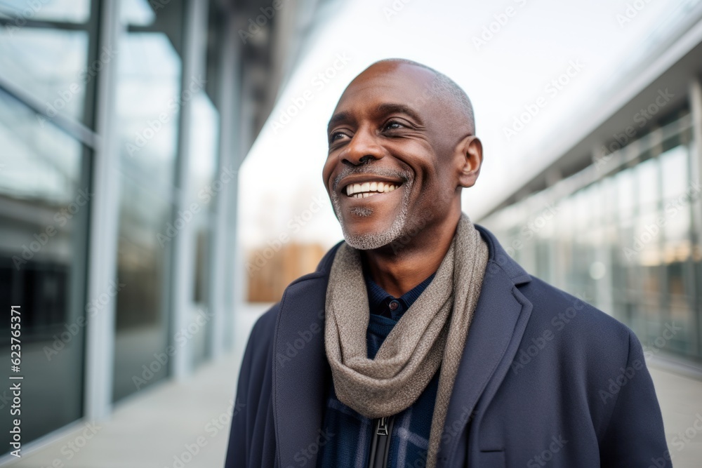 Medium shot portrait photography of a satisfied Nigerian black man in his 50s wearing a chic cardigan against a modern architectural background Medium shot portrait photography of a satisfied Nigerian black man in his 50s wearing a chic cardigan against a modern architectural background