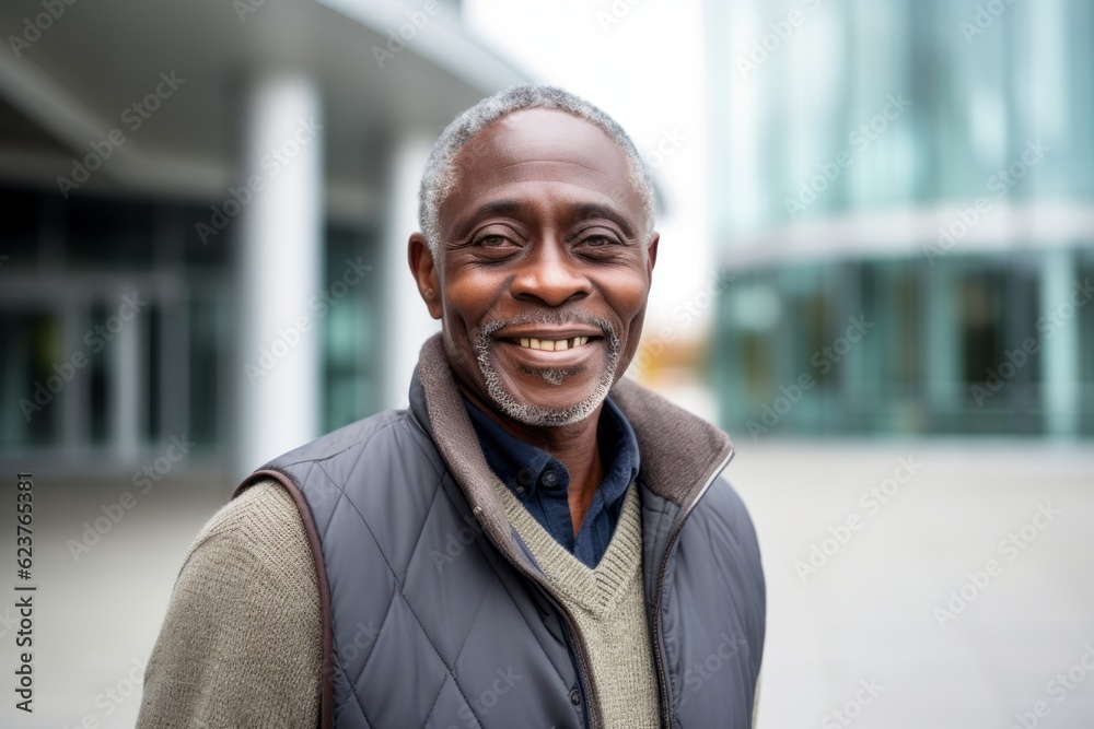 Portrait photography of a happy Nigerian black man in his 50s wearing a chic cardigan against a modern architectural background Portrait photography of a happy Nigerian black man in his 50s wearing a chic cardigan against a modern architectural background