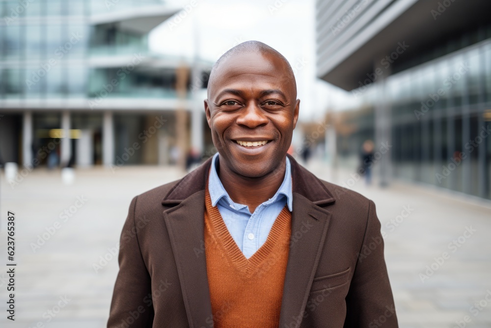Portrait photography of a happy Nigerian black man in his 50s wearing a chic cardigan against a modern architectural background Portrait photography of a happy Nigerian black man in his 50s wearing a chic cardigan against a modern architectural background