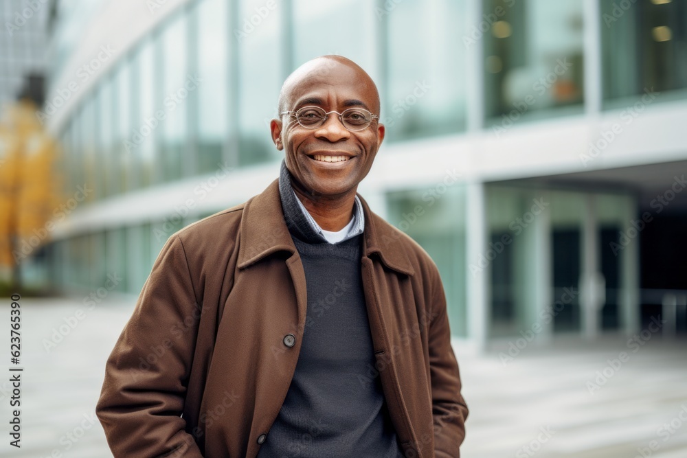 Portrait photography of a happy Nigerian black man in his 50s wearing a chic cardigan against a modern architectural background Portrait photography of a happy Nigerian black man in his 50s wearing a chic cardigan against a modern architectural background