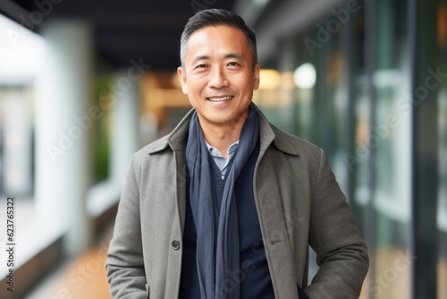 Portrait of a smiling asian businessman standing with arms crossed outdoors