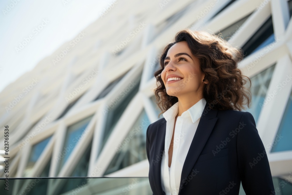 Portrait photography of a pleased Saudi Arabian woman in her 40s wearing a classic blazer against a modern architectural background Portrait photography of a pleased Saudi Arabian woman in her 40s wearing a classic blazer against a modern architectural background
