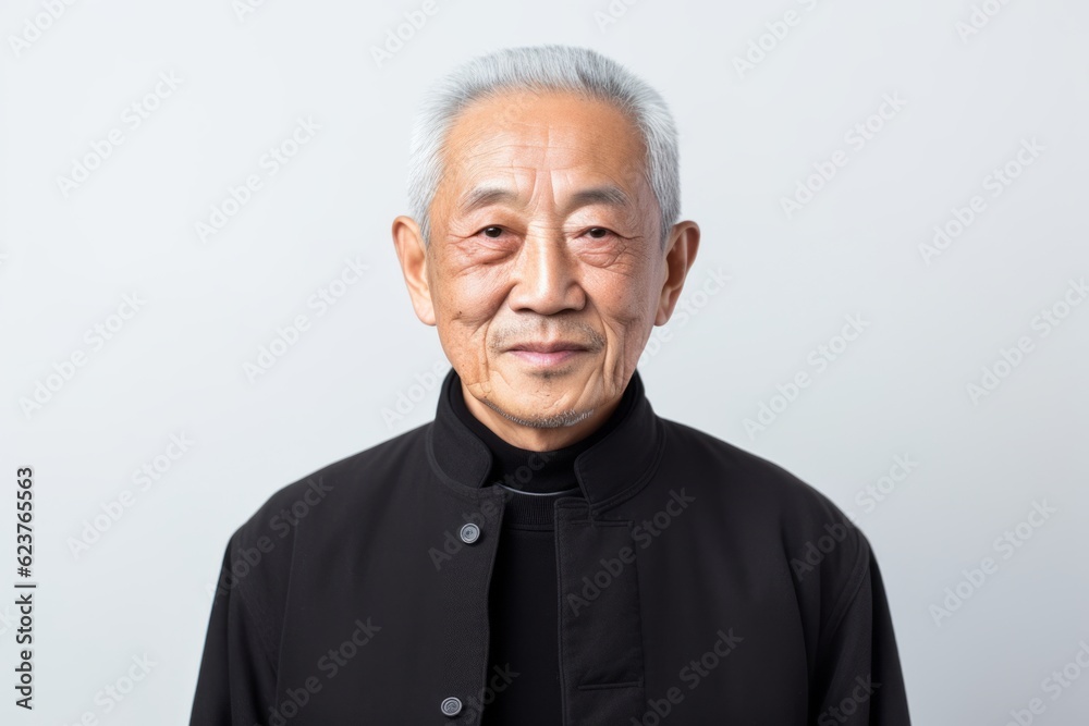 Portrait of an old asian priest standing against white background. Portrait of an old asian priest standing against white background.