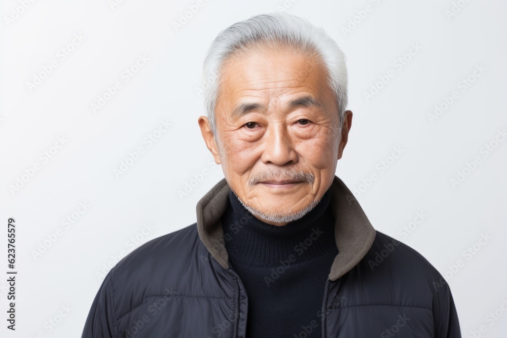 Portrait of senior asian man with grey hair wearing winter jacket Portrait of senior asian man with grey hair wearing winter jacket