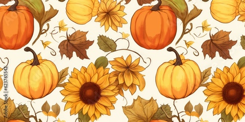  Lovely Hand-Drawn Thanksgiving Seamless Pattern with Pumpkins and Sunflowers - Embracing the Warmth of the Season - Charming and Versatile Design  Generative AI Digital Illustration
