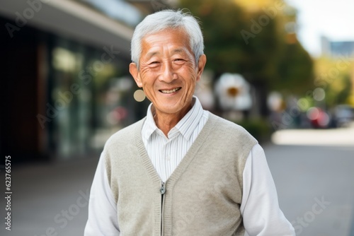 Portrait of happy asian senior man smiling outdoors in the city