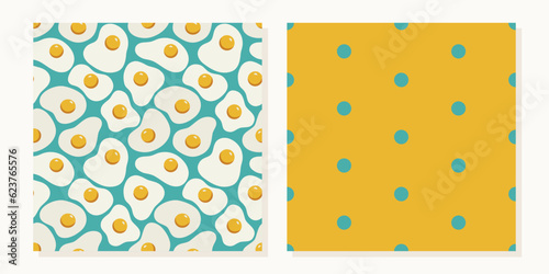 Set of patterns scrambled eggs on a turquoise background flat cartoon style and polka dot on a yellow background. Breakfast food pattern for paper, menu, textile, kitchen.