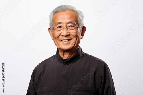 Portrait of a senior asian man in black clothes on white background