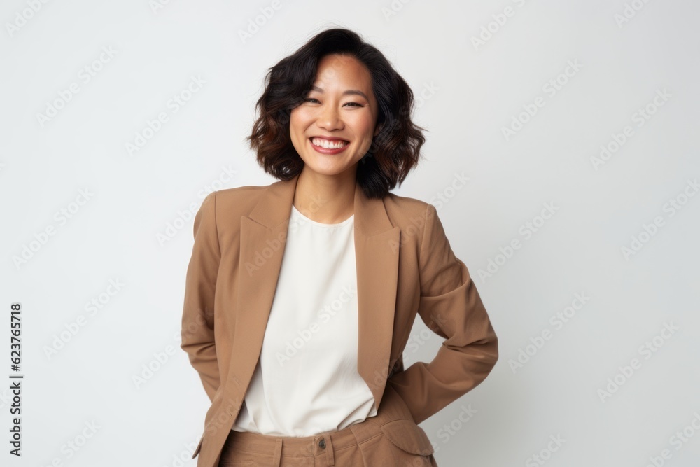 Portrait of a smiling businesswoman standing with hands on hip over white background Portrait of a smiling businesswoman standing with hands on hip over white background
