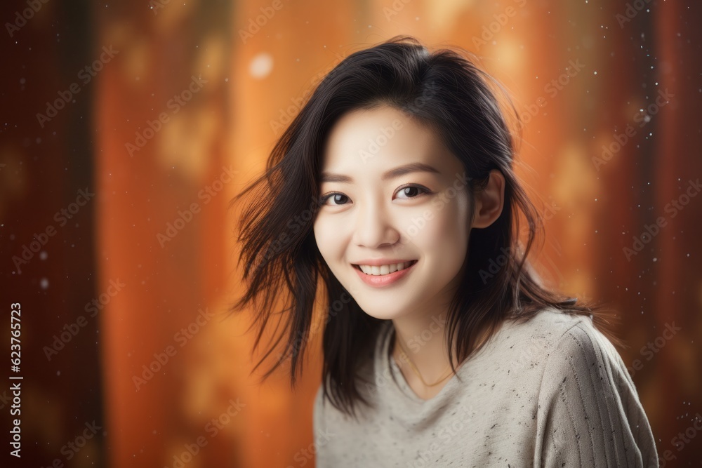 Portrait photography of a happy Chinese woman in her 20s wearing a chic cardigan against an abstract background Portrait photography of a happy Chinese woman in her 20s wearing a chic cardigan against an abstract background
