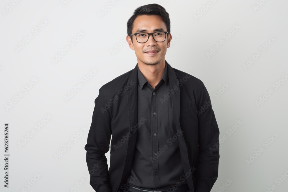 Portrait of happy young Asian businessman in black shirt and eyeglasses Portrait of happy young Asian businessman in black shirt and eyeglasses