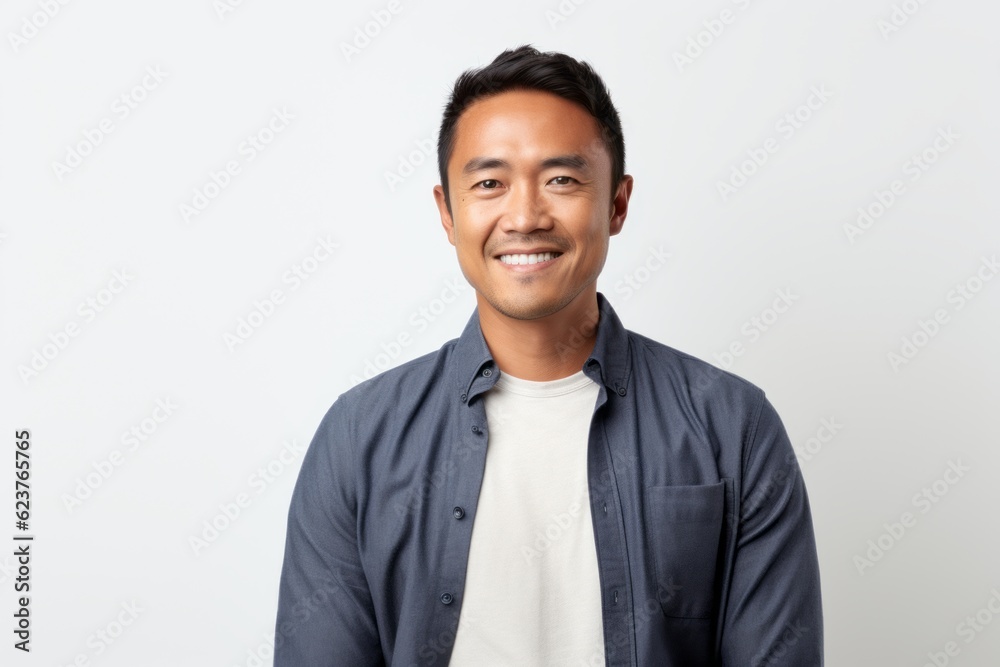 Portrait photography of a pleased Indonesian man in his 30s wearing a chic cardigan against a white background Portrait photography of a pleased Indonesian man in his 30s wearing a chic cardigan against a white background