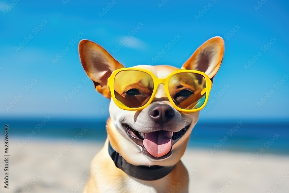 Dog in sunglasses takes on the role of a human on vacation