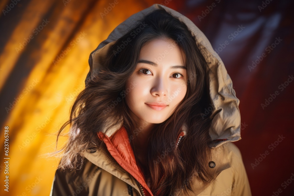 Portrait photography of a pleased Chinese woman in her 30s wearing a warm parka against an abstract background Portrait photography of a pleased Chinese woman in her 30s wearing a warm parka against an abstract background