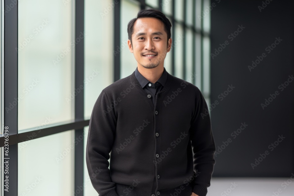 Portrait of a handsome young asian man standing with hands in pockets