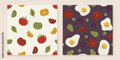 Set of patterns of tomatoes, scrambled eggs, spinach, olive in flat cartoon style. Breakfast food pattern for paper, menu, textile, kitchen.