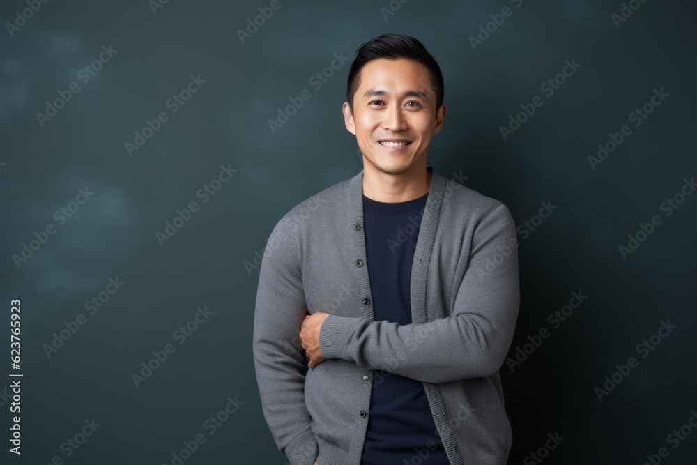 Portrait photography of a pleased Chinese man in his 30s wearing a chic cardigan against an abstract background Portrait photography of a pleased Chinese man in his 30s wearing a chic cardigan against an abstract background