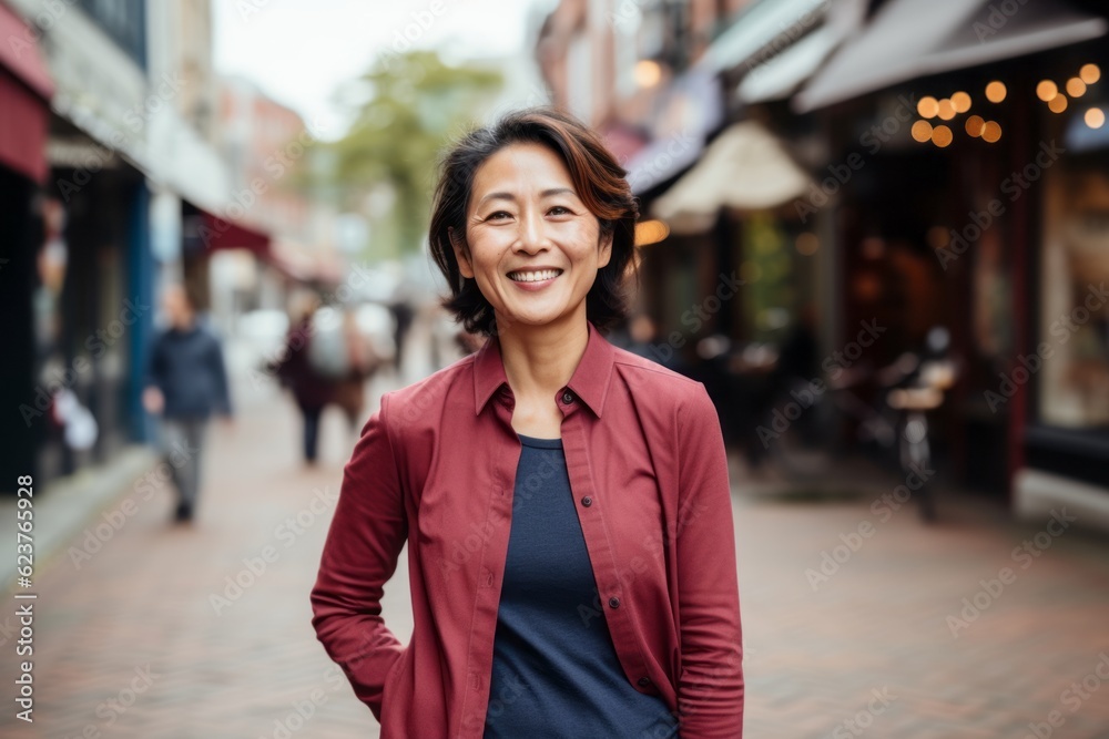 Portrait of happy mature businesswoman walking in city street. Asian woman wearing formal clothes.