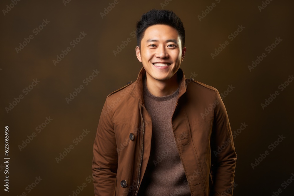 Portrait photography of a happy Chinese man in his 30s wearing a chic cardigan against an abstract background 