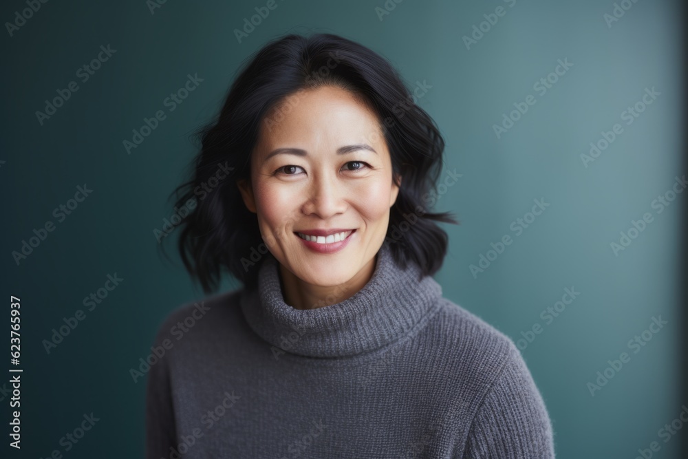 Portrait photography of a happy Chinese woman in her 40s wearing a cozy sweater against an abstract background Portrait photography of a happy Chinese woman in her 40s wearing a cozy sweater against an abstract background