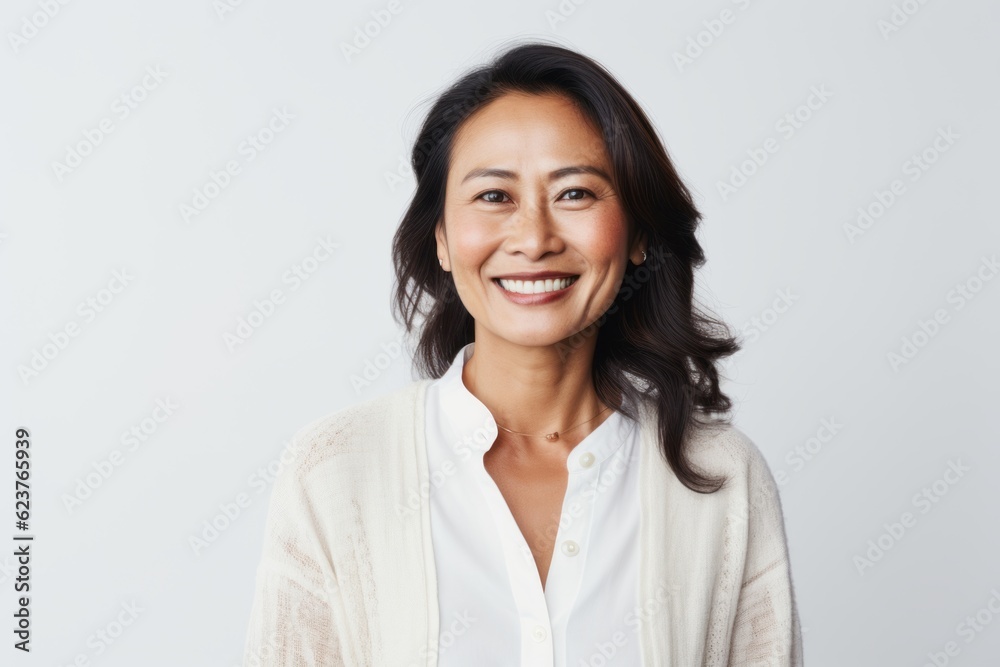 Portrait of a smiling woman looking at the camera over white background Portrait of a smiling woman looking at the camera over white background
