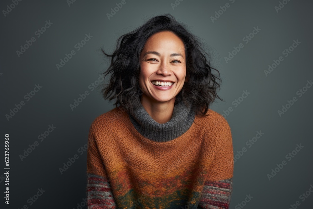 Portrait photography of a happy Chinese woman in her 40s wearing a cozy sweater against an abstract background Portrait photography of a happy Chinese woman in her 40s wearing a cozy sweater against an abstract background