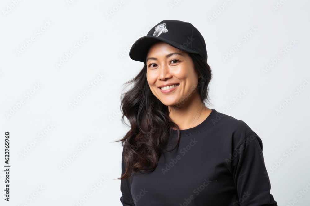 Beautiful asian woman wearing black t-shirt and cap on white background Beautiful asian woman wearing black t-shirt and cap on white background