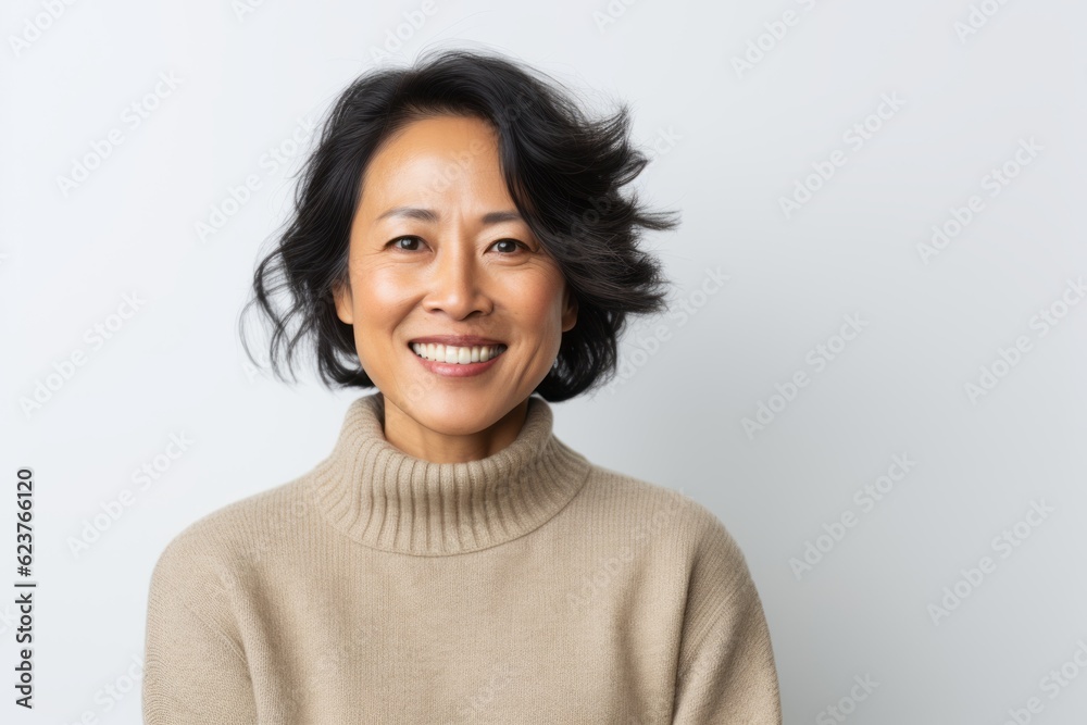 Portrait of smiling asian woman looking at camera over white background Portrait of smiling asian woman looking at camera over white background