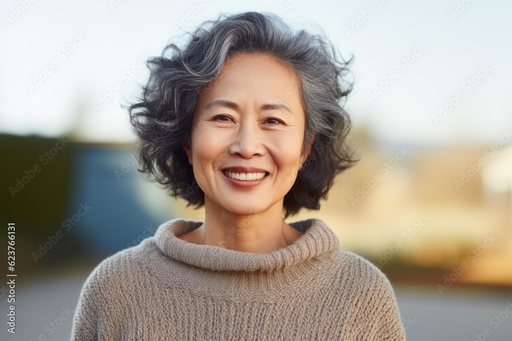 Portrait photography of a satisfied Chinese woman in her 50s wearing a cozy sweater against an abstract background Portrait photography of a satisfied Chinese woman in her 50s wearing a cozy sweater against an abstract background