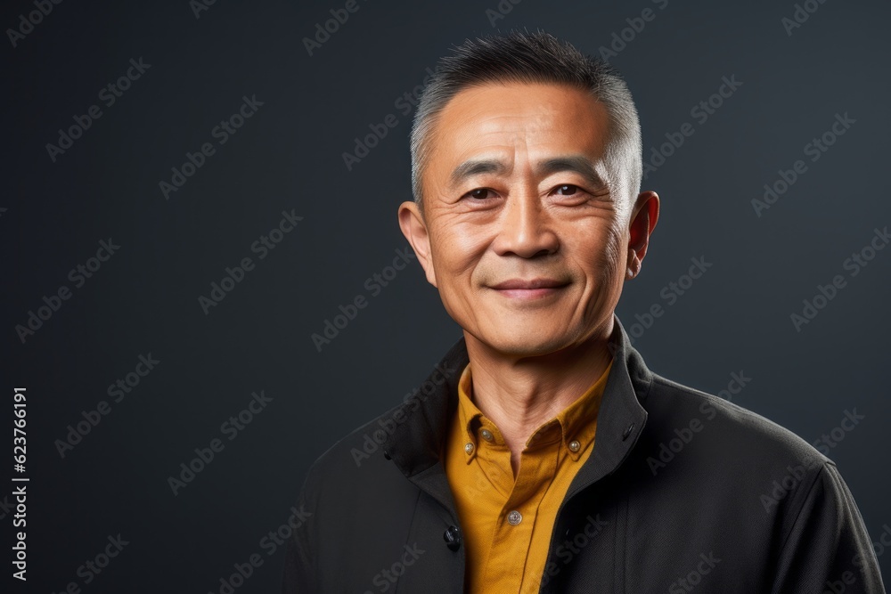 Fototapeta premium Portrait photography of a satisfied Chinese man in his 50s wearing a chic cardigan against an abstract background 