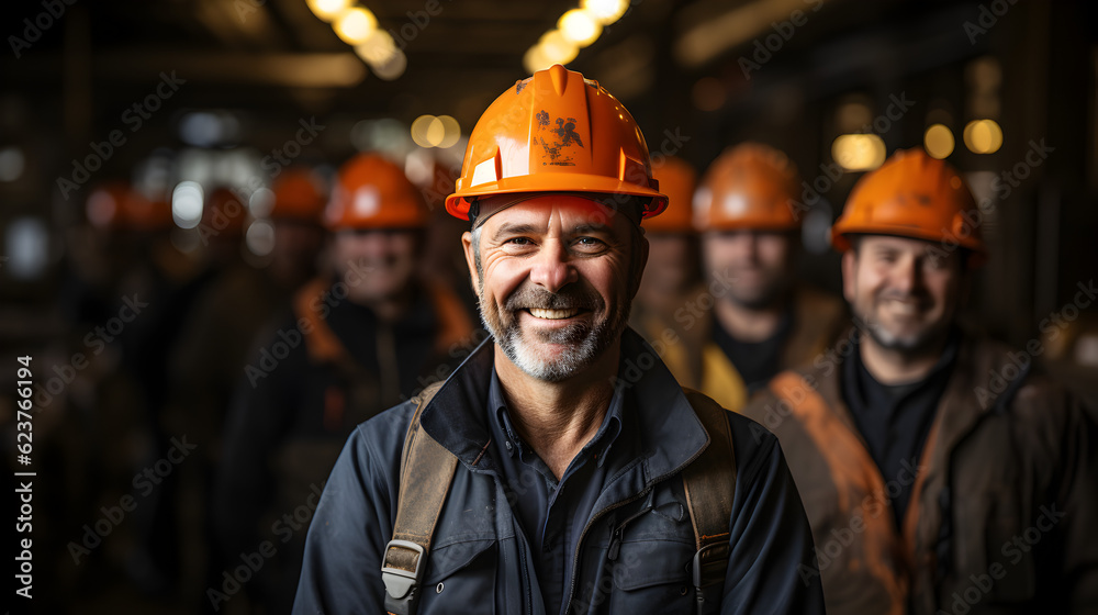 Engineer at construction site wearing safety helmet Confident engineer looking at camera with team behind Engineer at construction site wearing safety helmet Confident engineer looking at camera with team behind