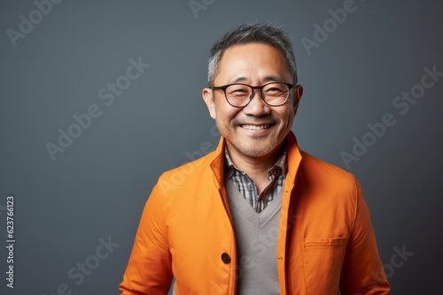 Portrait photography of a pleased Chinese man in his 40s wearing a chic cardigan against an abstract background  © Anne Schaum