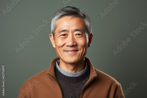 Portrait photography of a satisfied Chinese man in his 50s wearing a chic cardigan against an abstract background 