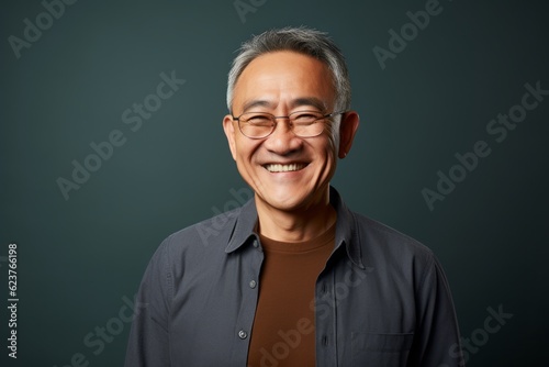 Portrait photography of a happy Chinese man in his 50s wearing a chic cardigan against an abstract background 