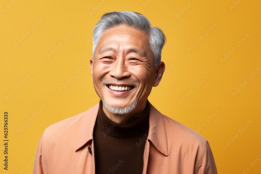 Portrait photography of a pleased Chinese man in his 80s wearing a chic cardigan against an abstract background 