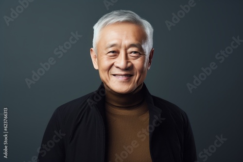 Portrait photography of a satisfied Chinese man in his 70s wearing a chic cardigan against an abstract background 