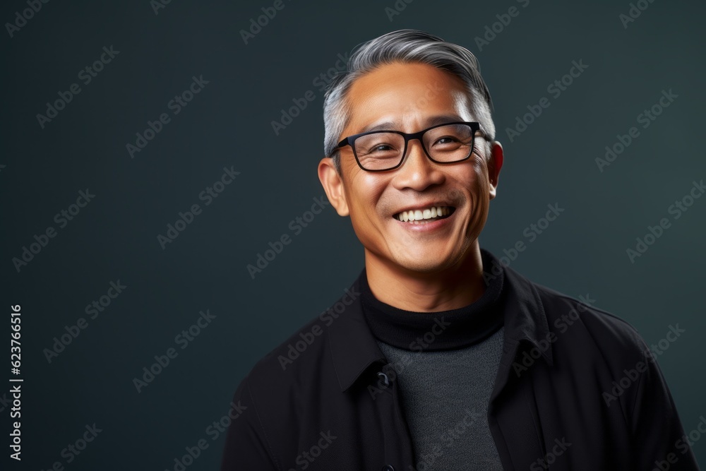 Portrait photography of a pleased Indonesian man in his 50s wearing a chic cardigan against an abstract background Portrait photography of a pleased Indonesian man in his 50s wearing a chic cardigan against an abstract background
