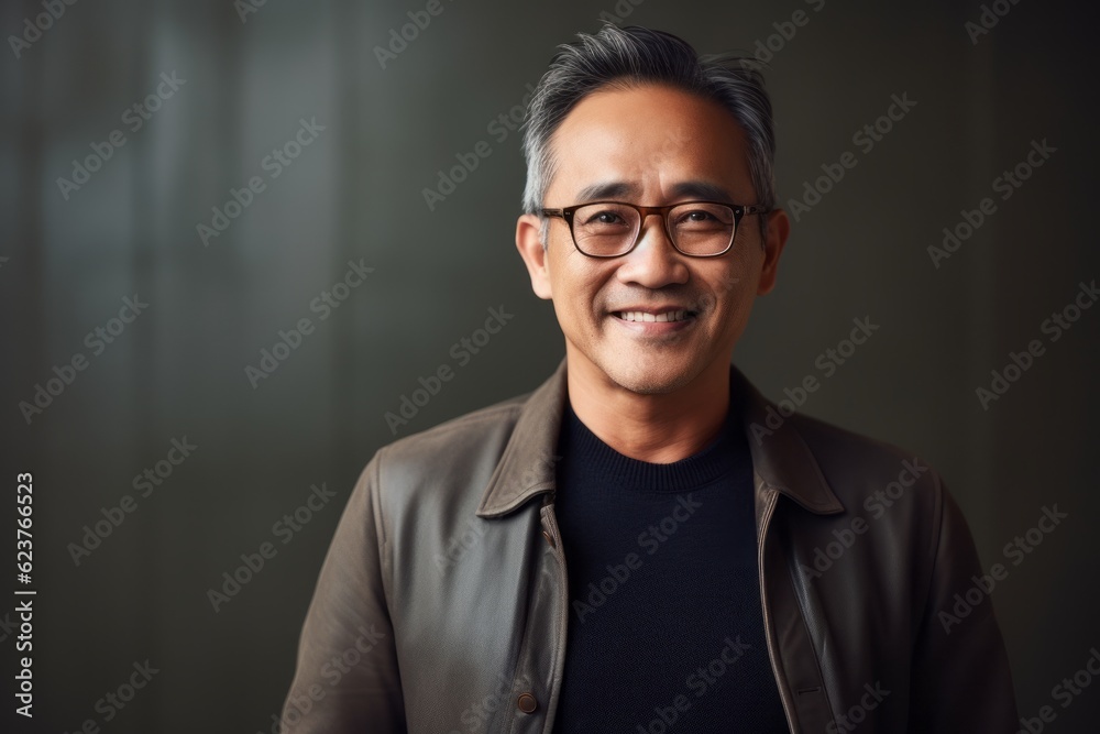 Portrait photography of a pleased Indonesian man in his 50s wearing a chic cardigan against an abstract background 